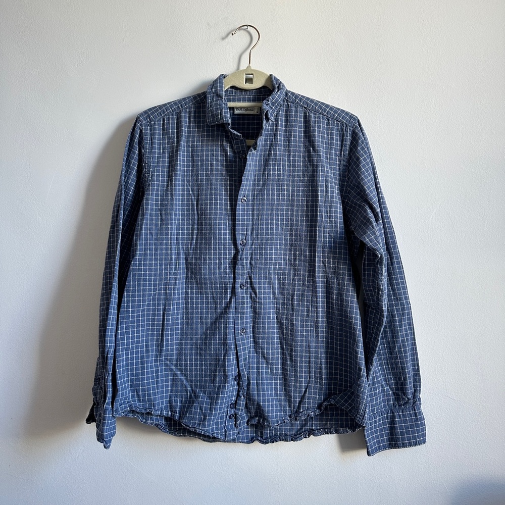 Emile Lafaurie Blue Checkered cotton/linen Men's Button Down Shirt
